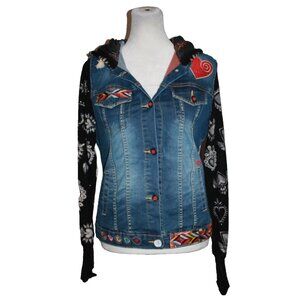 Ay Guey Embroidered Wearable Art Denim Jacket Hoodie Mexican Unique Boho SIze M